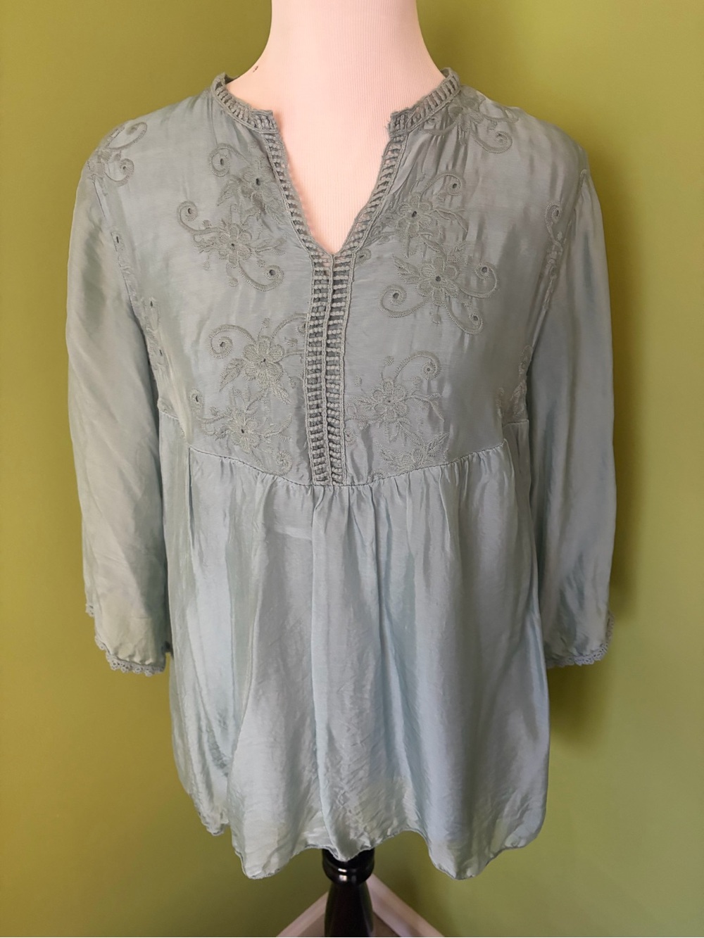 Women's Embroidered V-Neck Silk Mixed Media Tunic Top in Sage Green